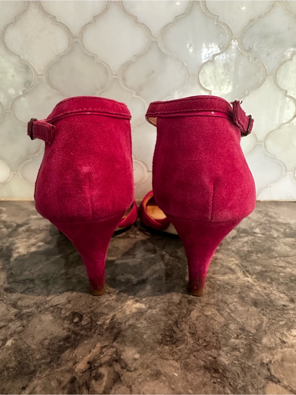 ALDO Fuchsia Suede Ankle-Strap Heels with Heart Accent - Picture 7 of 13